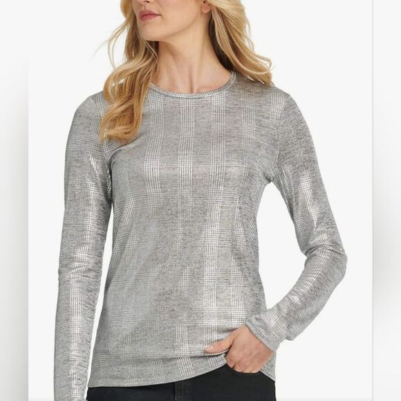 DKNY Gray & Silver Shiny Metallic Plaid NWT Long Sleeve Round Neck Blouse Size L - Picture 1 of 10